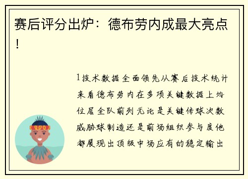 赛后评分出炉：德布劳内成最大亮点！
