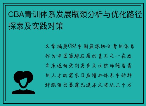 CBA青训体系发展瓶颈分析与优化路径探索及实践对策